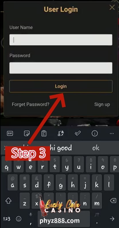 Pagkatapos ipasok ang iyong mga kredensyal sa pag-log in, i-click ang "Log In" na buton upang ipasok ang iyong Lucky Cola account.